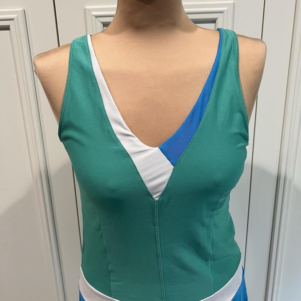 Colorblock Green and Blue Sleeveless Tennis Dress with White Trim - Picture 2 of 9